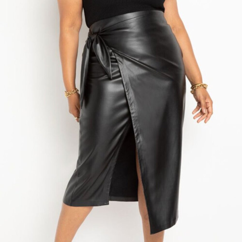 Eloquii Wrap Front Faux Leather Midi Skirt